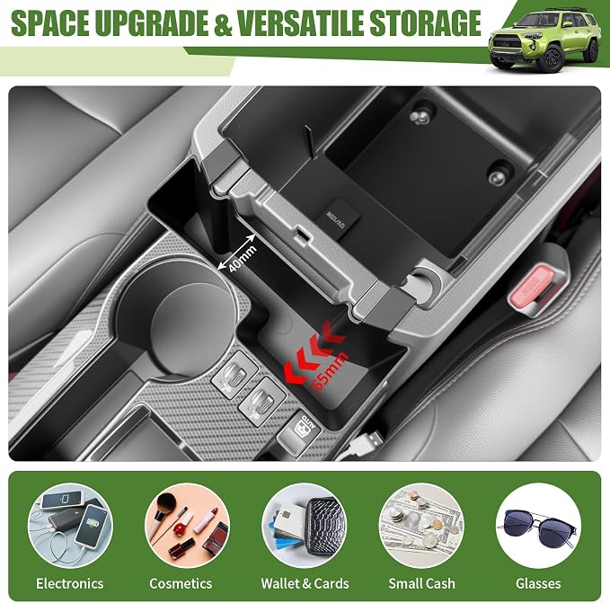Center Console Organizer for 2010-2024 Toyota 4Runner Upgraded Hanging Armrest Box Extra Storage Space Tray for 4 Runner Interior Accessories(Fit 10-24/Hanging Organizer)