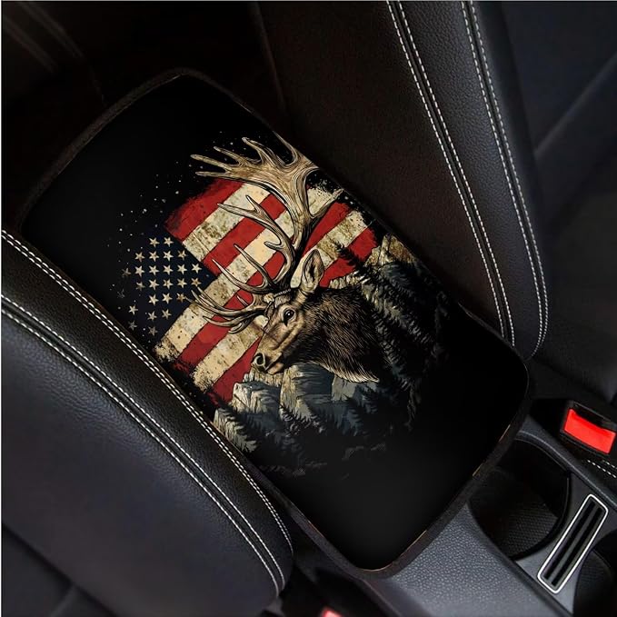 BIGCARJOB American Flag Seat Covers Full Set for Car Universal Auto Front Rear Seat Protector 12 Pcs Elk Steering Wheel Covers,Armrest Pads,Seat Belt Pads