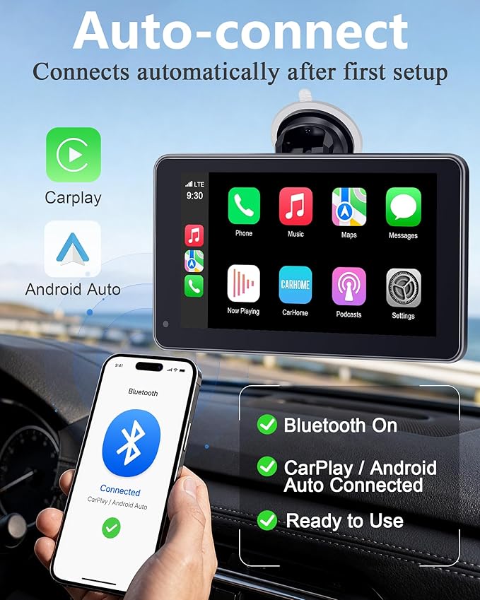 Portable Carplay Screen with Backup Camera - Plug-Play 7-inch HD 1080P Car Touchscreen Supports Both Apple CarPlay & Android Auto - No Dashboard Removal, GPS Navigation, Voice Control, Bluetooth