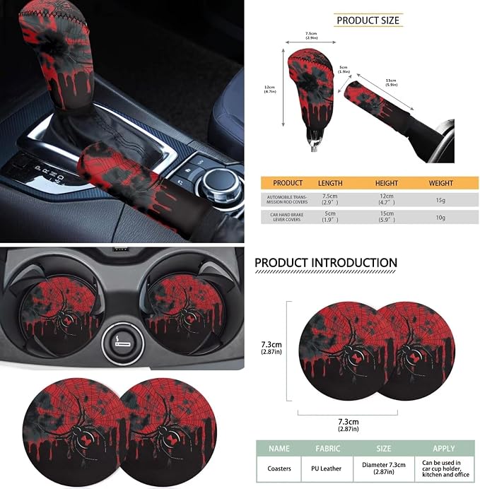 18Pcs Spider Web Car Seat Covers Full Set Universal Headrest Covers with Steering Wheel Cover,Handbrake Protector,Center Console Pad Cover,Seat Belt Pads,Keychain,Cup Holder Mats,Red