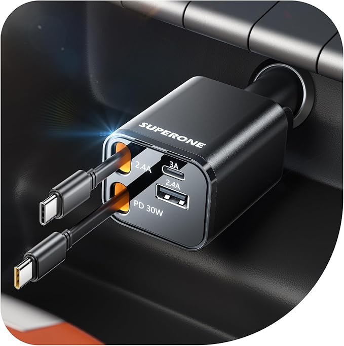 SUPERONE Retractable USB C Car Charger, Phone Car Charger Fast Charging with Dual Type C Cable, Car Accessories Small USBC Car Adapter