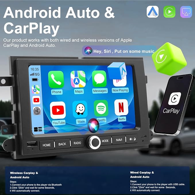 5G WiFi Car Radio for Ford F150 F-150 2004-2008, F250/F350 2006-2016, Edge 2007-2010, E150/E250/E350 2009-2014, 7'' Touch Screen Stereo Headunit with Wireless Carplay Android Auto GPS BT FM SWC Camera