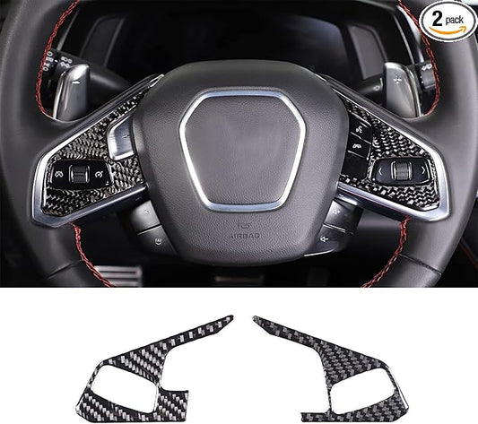 Steering Wheel Button Cover Compatible with Chevrolet Corvette C8 2020-2023, Steering Wheel Frame Trim, Car Steering Wheel Panel Protection Frame Molding Sticker (Black soft carbon fiber 3 holes)