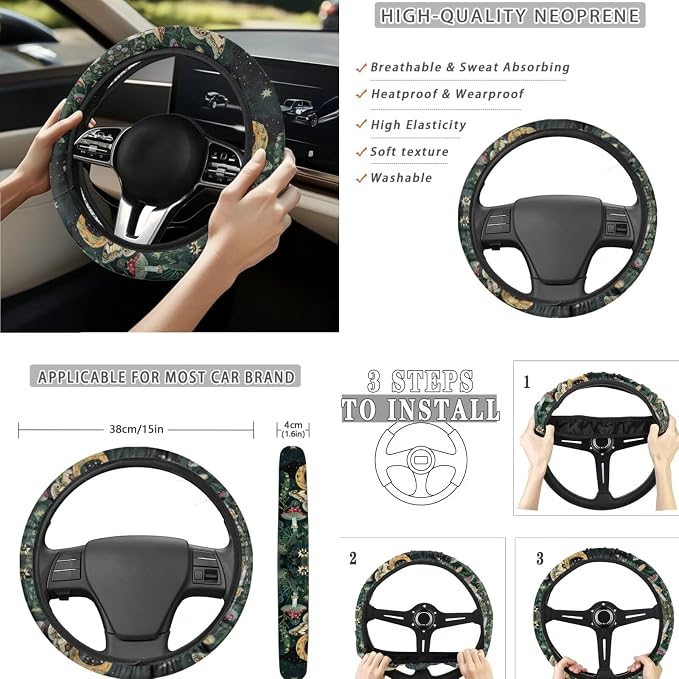 Moon Mushroom Moth Car Seat Covers Full Set for Women Retro Car Accessories Seat Cover with Steering Wheel Cover Seatbelt Pad Coasters Garbage Bag Car Headrest Pillow Covers Armrest Pad