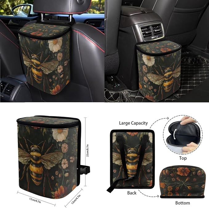 Floral Bee Seat Covers for Cars Full Set 15 Pcs Seat Covers Front and Back with Steering Wheel Cover Seatbelt Pad Coasters Trash Can Car Headrest Pillow Covers Armrest Pad