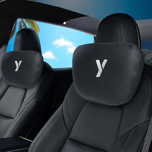 Nappa Leather Car Neck Pillow for Tesla Model Y Model 3 Juniper/Highland Headrest Pillow Memory Foam Ergonomic Design Breathable Height Adjustable Accessories (Black-2 pcs-Y)