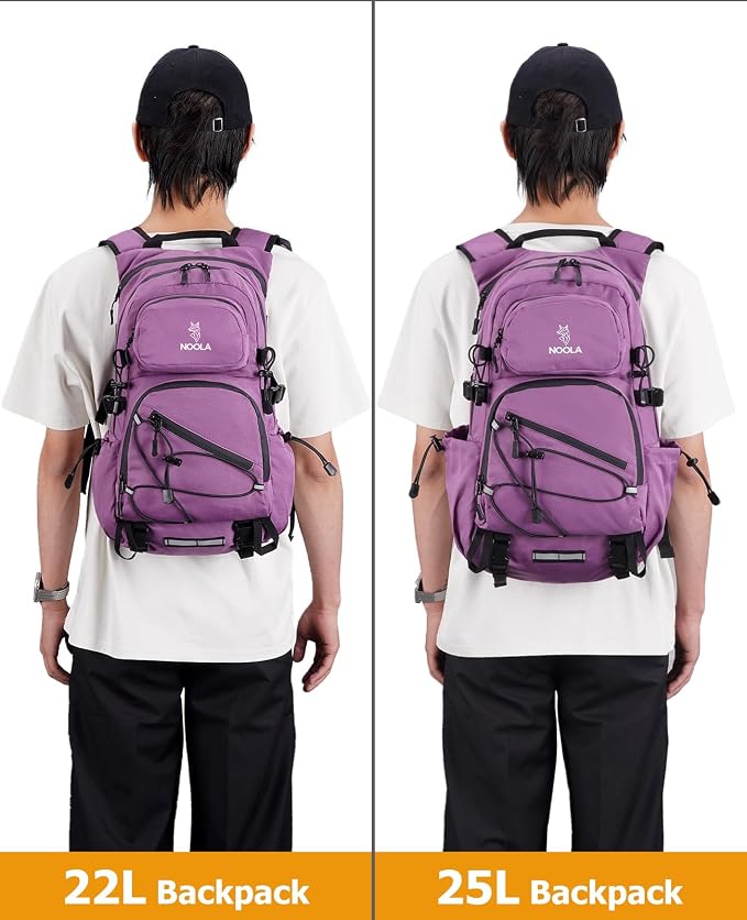 NOOLA Hydration Backpack with 3L Water Bladder - 25L Water Backpack for Hiking, Cycling, Running, Biking - Lightweight Hiking Pack Bag with Rain Cover, Phone Holder and Trekking Pole Holders, Purple