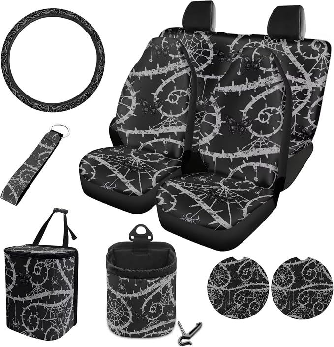 Butterfly Spider Web Pattern 10 Pcs Car Seat Covers Full Sets Breathable Car Seat Protector + Steering Wheel Cover + Air Vent Storage Bag + Trash Can + Coaster + Wristlet Keychain