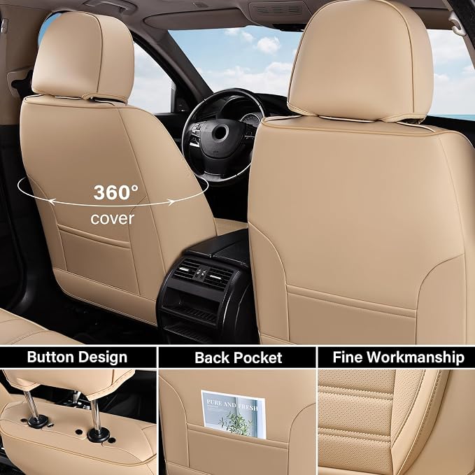 Coverado Seat Covers, Car Seat Covers Front Seats, Automotive Seat Covers, Waterproof Nappa Leather Car Seat Cover, Car Seat Cushion, Beige Seat Covers Carseat Cover Universal Fit for Most Cars
