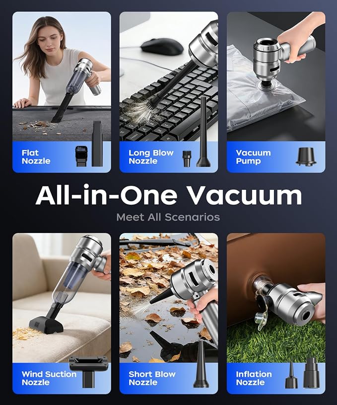 VNOST Car Vacuum,3 Suction Modes,Portable Mini Cordless Cleaner with 50000pa Suction Power,Type-C Charge,Handheld Vacuum for Home,Car,Birthday Gifts for Men Dad(Silver)