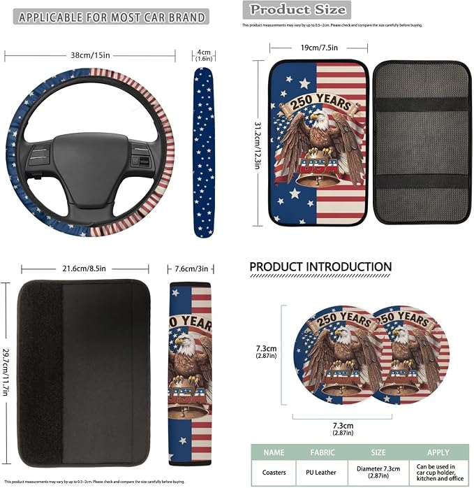 Bulopur American Flag Eagle Auto Seat Covers Front and Rear with Steering Wheel Cover Center Console Cushion Car Seat Headrest Covers Seat Belt Pads 250 Years Anniversary Car Interior Decor Set
