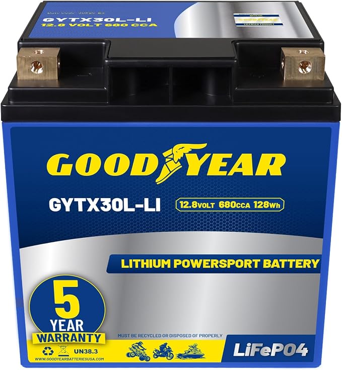 Goodyear GYTX30L-LI Lithium LiFePO4 12.8V 680CCA Rechargeable High Performance Powersport Battery with Smart BMS Replacement for Motorcycle, ATV, UTV, Scooter, Watercraft, Jet Ski, and Snowmobile