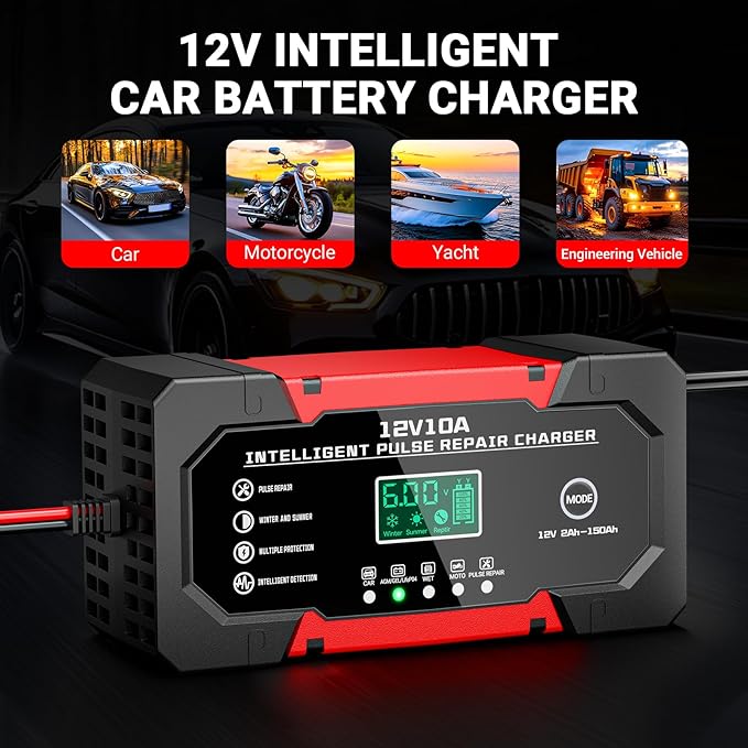 Battery Charger 10A 12V Fully Automatic Smart Car Battery Charger with LCD Display & Temperature Compensation for Car Motorcycle Vans