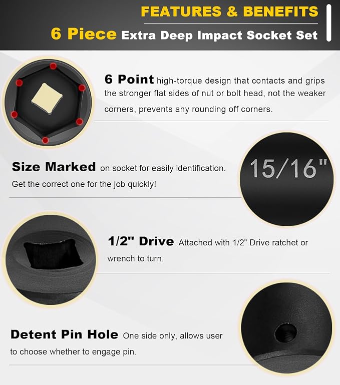 1/2 Inch Drive Extended Length Impact Socket Set - 6 Piece Extra Deep Impact Socket Set - Hex Size 3/4", 7/8", 15/16", 1-1/16", 1-1/8", 1-1/4" Heavy Duty With Storage Case For High Torque Use