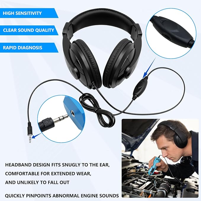 ZKTOOL Automotive Electronic Mechanics Stethoscope Electronic Ear Diagnostic Device Kit EM410, with Short and Long Probe, Headphones, Engine Noise Finder Detector Tester, Frequency Range 20Hz~20KHz