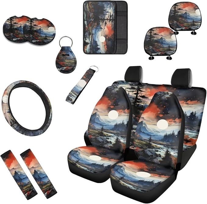 Landscape 13 Pcs Seat Covers Watercolor Mountain Landscape Full Set Print Non Slip and Soft Headrest Cover Car Pine Forest Cup Pad Fit for Car,Truck,Van,SUV