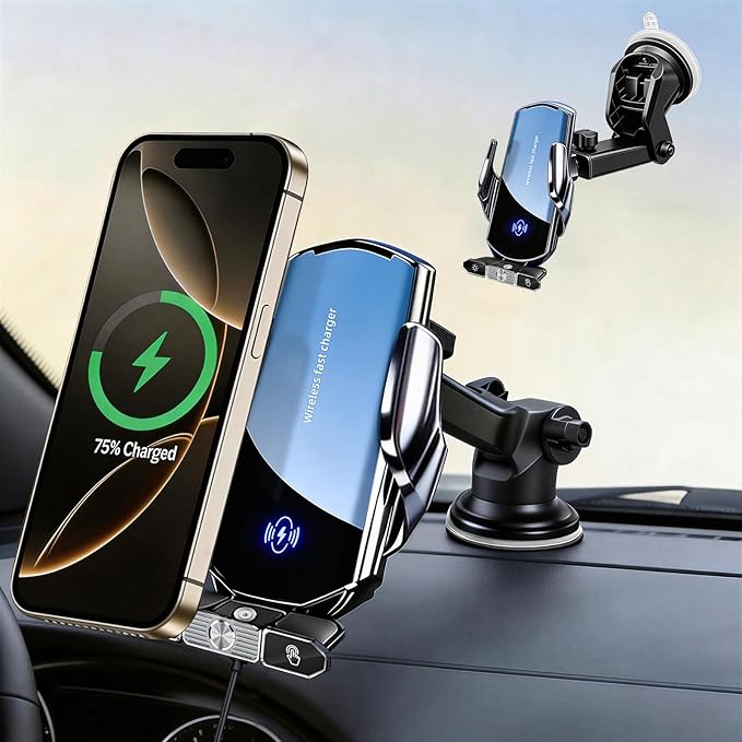 Car Phone Holder,Car Mount Charger,15W Wireless Charging & 10W Magnetic Charging(3 Connectors),Auto-Clamping Hands Free,Suction Cup Mount for Windshield,Mirror & Screen,Car Accessories & Gift