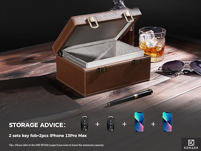 KK6 PLUS-BR Faraday Key Fob Protector Box, RFID Signal Blocking Shielding Box for Car Keys, Anti-Theft Vintage Faraday Cage with High-Grade Protein Leather, Brown - Size: L