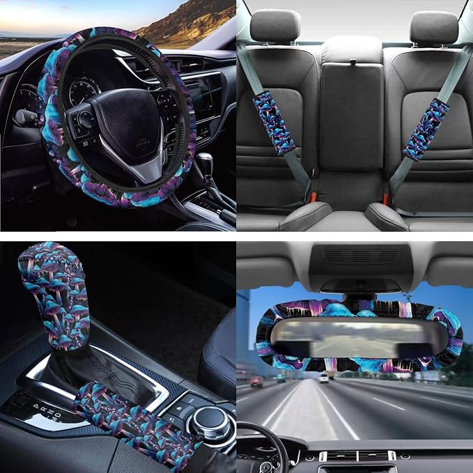 Purple Mushroom Auto Seat Covers Full Set+Mushrooms Coaster for Car+Mushroom Steering Wheel Covers+ Keychains+Vehicle Interior Mirror Covers+Handbreak Gear Shift Cover for Cars