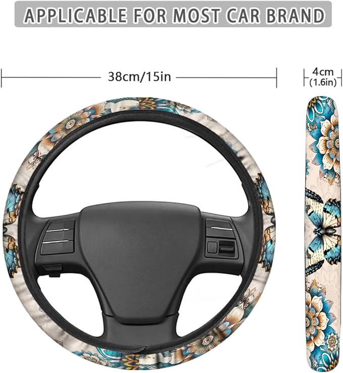 Boho Mandala Butterfly Pattern Car Accessories Set of 13, Front and Rear Seat Covers Full Set, Soft Steering Wheel Cover, Safe Belt Covers, Coasters, Wear Resisting Interior Covers