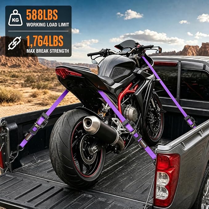 Retractable Ratchet Straps (4-Pack) - 1 Inch x 10 Feet (1,764lb Break Strength) - Heavy Duty Auto Self Retracting Tie Down Straps for Truck, Cargo Trailer, Motorcycle, ATV, UTV – Purple