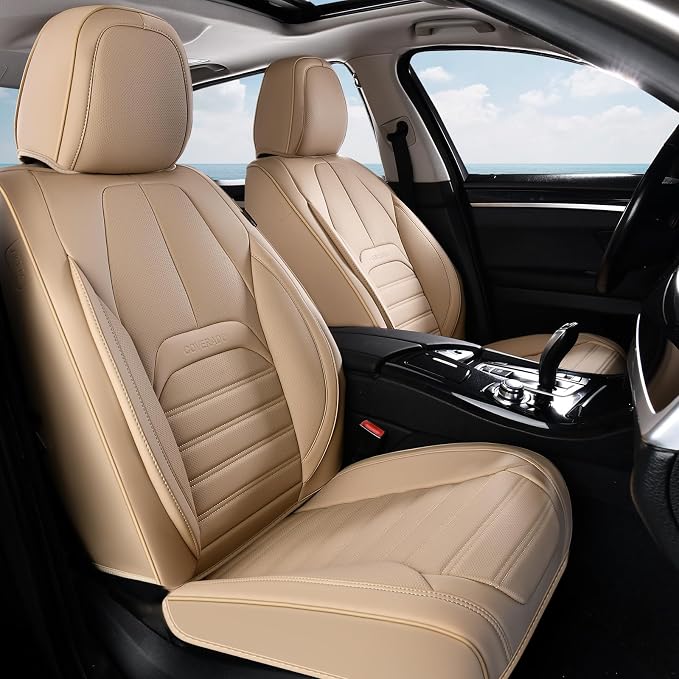 Coverado Seat Covers, Car Seat Covers Front Seats, Automotive Seat Covers, Waterproof Nappa Leather Car Seat Cover, Car Seat Cushion, Beige Seat Covers Carseat Cover Universal Fit for Most Cars