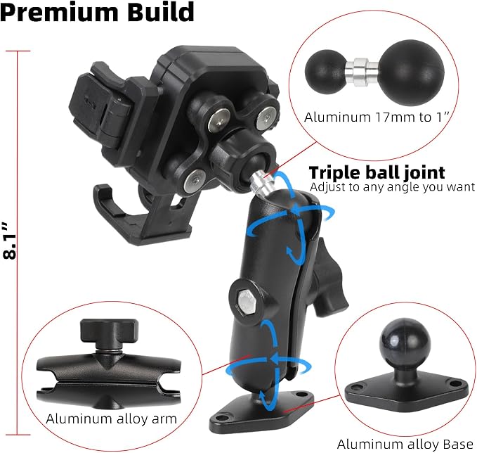 Heavy Duty Phone Mount Holder with Vibration Dampener for Boat Truck Car [Camera Friendly] [1s Lock & Release] [Aluminum Screw-Mounted AMPS Diamond Base & Medium Arm], Fits 4.7-7.2" Cell Phones