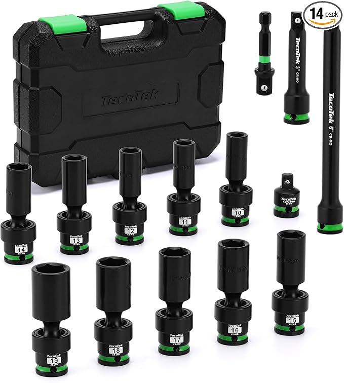 TecoTek 14 PCS 3/8" Drive Deep Universal Impact Socket Set, Swivel Socket Set, 10-19mm, Metric Socket Set with Flexible Wobble, Cr-Mo Steel, Includes Extension Bars and Adapter