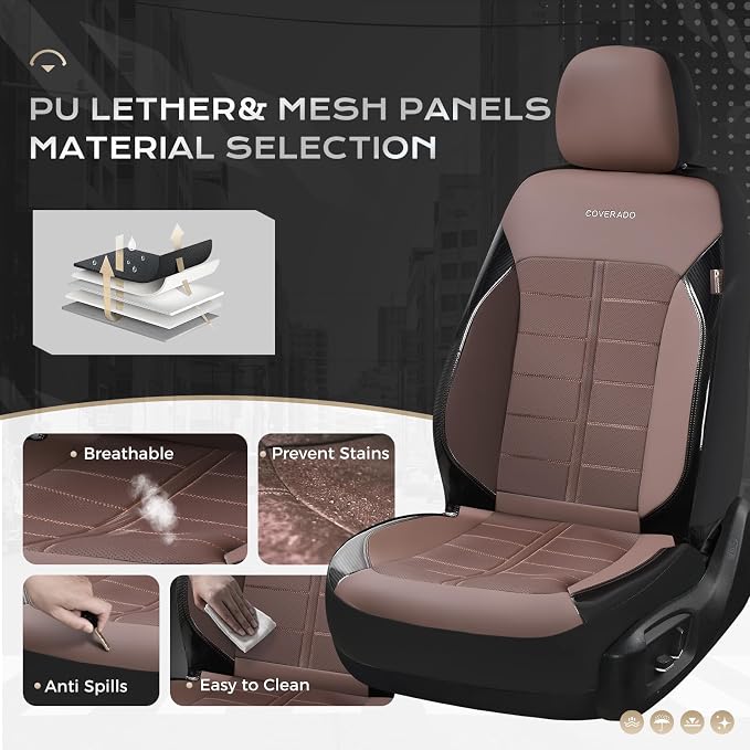 Coverado Front Seat Leather Covers, Full Leather Construction with Carbon Fibre Weave, Universal Fit for Most Cars SUV Trucks (Coffee)