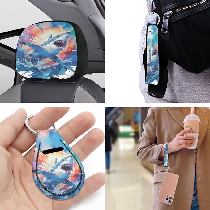 Cartoon Shark Print 13 Piece Car Seat Cover Set for Women Ocean Animal Sharks Pattern Full Set Car Seat Protectors Coaster Pads Decor Accessory