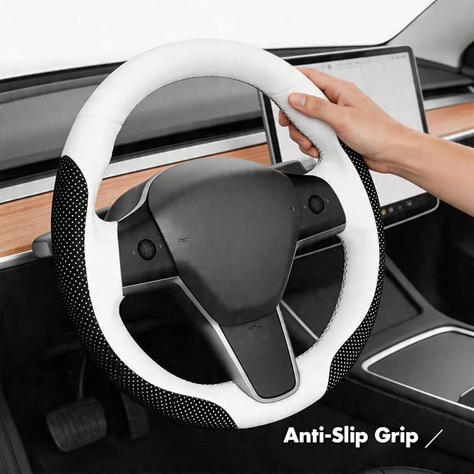 MEWANT Hand Stitch Steering Wheel Cover for Tesla Model 3 2017-2023 Model Y 2020-2023 Black Mesh Athsude White Microfiber Leather Wrap Protector Non-Slip Breathable