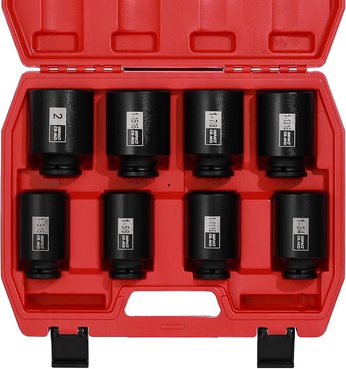 EMENTOL 8PCS 1/2-Inch Drive Spindle Axle Nut Impact Socket Set, CR-MO, 6 Point, SAE, 1/2" Dr. Deep Impact Socket Set, 1-9/16 Inch - 2 Inch