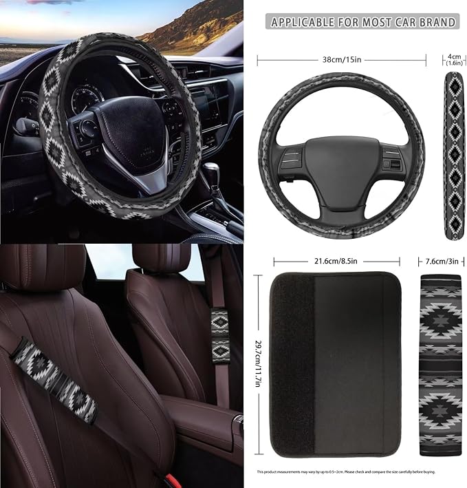 Wanyint Aztec Black 15 PCS Car Seat Cover Full Set, with Steering Wheel Cover Seat Belt Strap Cover Trash Cans Rear View Mirror Cover Cup Coaster Keychain Air Vent Storage Bag Car Decor Universal Fit