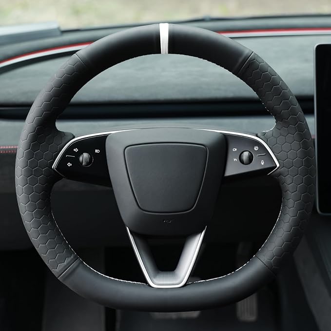 MEWANT Hand Stitch Black Hive Embossed Faux Leather Steering Wheel Cover for Tesla Model 3 Highland 2025 Model Y Juniper