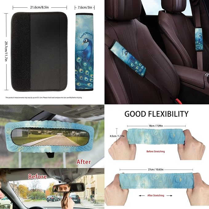 Suobstales Blue Peacock Flower Print 13 PCS Car Accessories Auto Seat Covers Set with Steering Wheel Cover, Seatbelt Pads, Trash Can, Rearview Mirror Cover, Coasters, Keychain for SUV Trunk Sedan