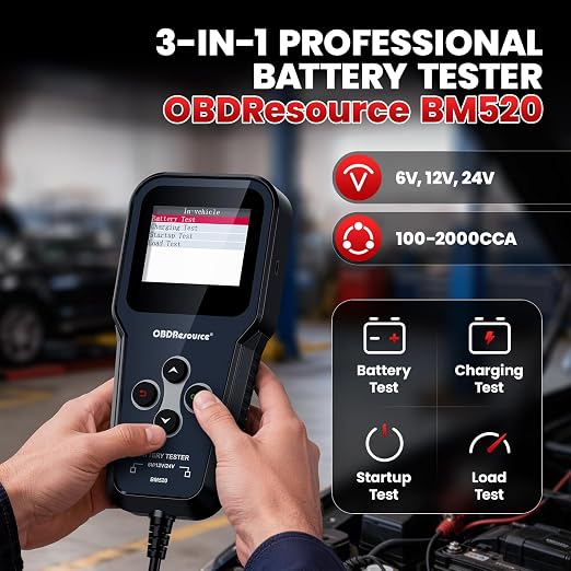 OBDResource Professional Car Battery Tester 6V 12V 24V - 3-in-1 Automotive Analyzer with 100-2000 CCA, Load/Cranking/Charging/Alternator Test