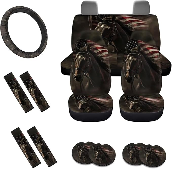 Horse American Flag Print Car Seat Covers Full Set, 13 PCS Auto Accessories with Soft Steering Wheel Cover, Seat Belt Shoulder Pads, Coasters for Most Cars