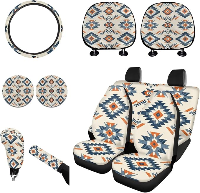 Wanyint Car Seat Cover Full Set 11 PCS, with Steering Wheel Headrest Handbrake Gear Shift Cover Cup Holders Universal Fit Most Vehicles, Southwest Aztec Blue Orange