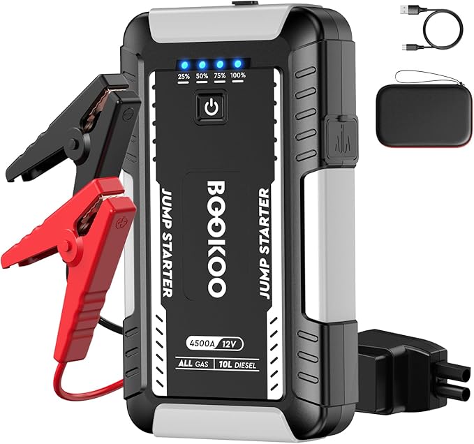 BOOKOO H8 Jump Starter 4500A Car Jumper Battery Pack for All Gas and 10L Diesel Engines,12V Car Battery Charger with Jumper Cables,USB QC3.0,LED Light
