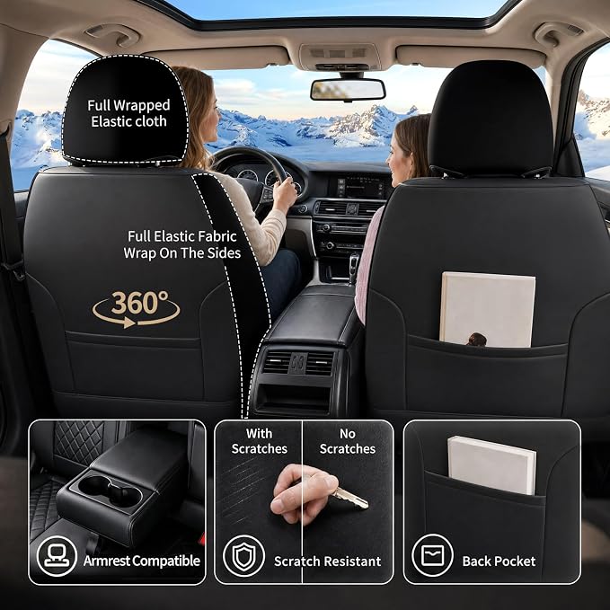 Fit Edge Car Seat Covers for Ford Edge 2007-2025 2026 - Luxury Leather, Anti-Slip, All-Weather, Waterproof & Breathable, Airbag Compatible, 2 Front Seats Only (Black)