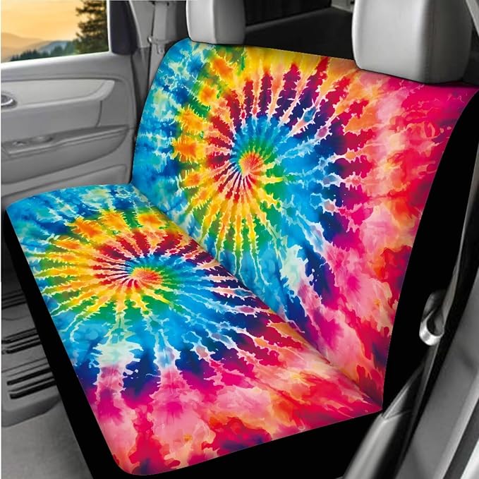 BIGCARJOB 12 Pack Tie Dye Print Car Seat Cover Set for Front and Rear,Hippie Tie Dye Print Car Interior Accessories Full Set Seat Belt Cover,Armrest Pads,Cup Holder Coaster