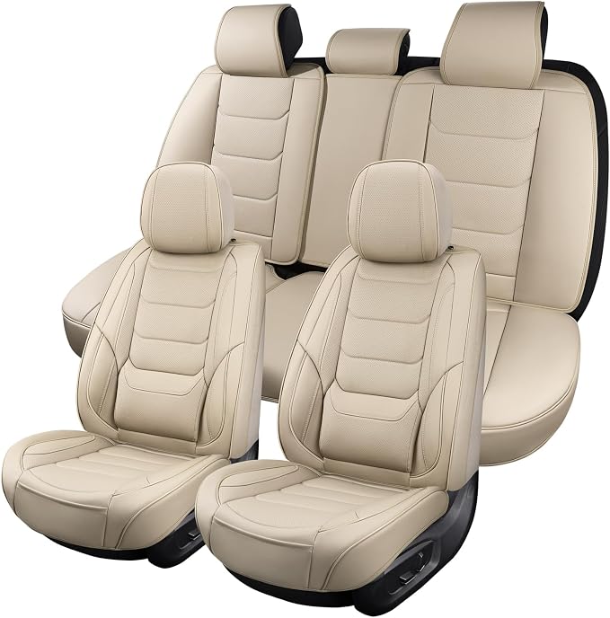 Leather Car Seat Covers Full Set Breathable Automotive Seat Covers Waterproof Seat Protectors Fit for Most Automotive Cars SUV Trucks Vehicle (Beige, Full Set)