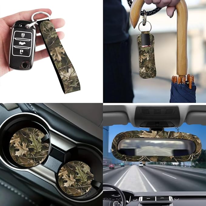 Camouflage Oak Tree 12-Pack Universal Fit Car Seat Cover Set - Front & Rear Cushion Covers, Steering Wheel Cover, Seat Belt Mats, Car Trash Can, Coasters & More for Cars, Vans, SUVs