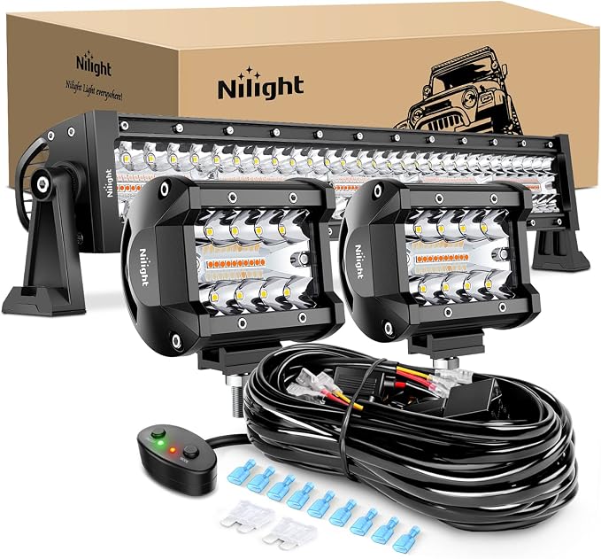 Nilight 22Inch 480W LED Light Bar 2PCS 4Inch 60W Light Pods Amber White Strobe 6 Modes Memory Function Reset Function Off Road Truck with 16AWG Wiring Harness Kit-3 Leads