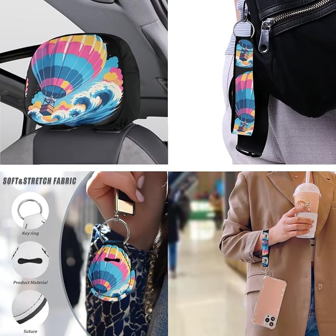 Balloon 13 Pcs Car Seat Covers, Cartoon Rainbow Hot Air Balloon Universal Driver Seat Cover Protector Armrest Pad, Sea Wave Steering Wheel Armrest Cover Seatbelt Cup Mats