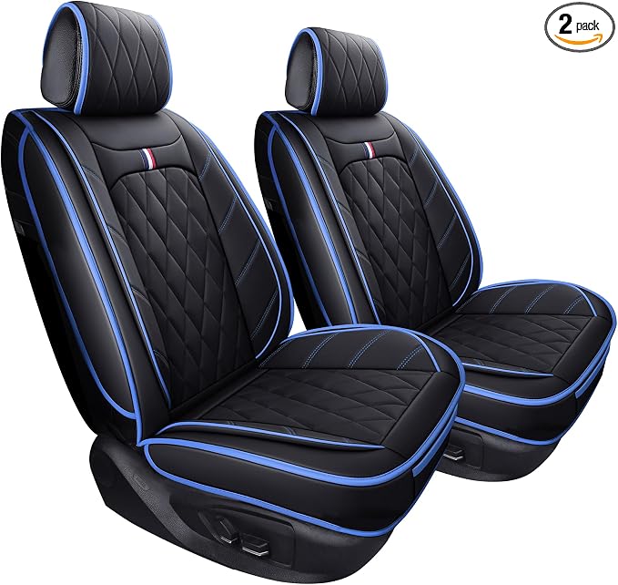 Aierxuan Front Seat Covers for Cars, Waterproof Leather for Nissan Chevy Malibu Kia Soul Sorento Hyundai Elantra Tucson Accent Sonata Kona Outlander Galant (2 PCS Front, Black-Blue)