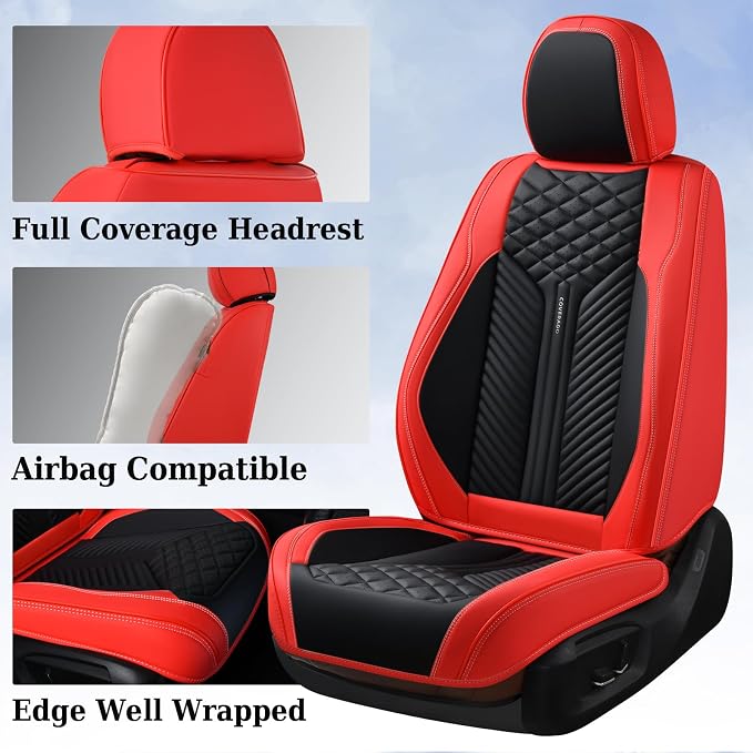 Coverado Front Seat Covers, 2 Pack Waterproof Seat Covers for Cars, Luxury Leather Seat Cushions, Front and Rear Seat Protectors, Auto Seat Covers Fit for Most Vehicles(Black&Red)