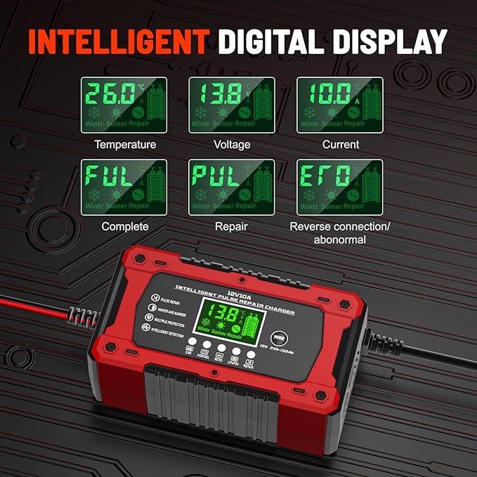 10A 12V Battery Charger for Car Fully Automatic Smart Trickle Charger & Maintainer with LCD Display, Temperature Compensation for Truck, Motorcycle, Boat, Lawn Mower