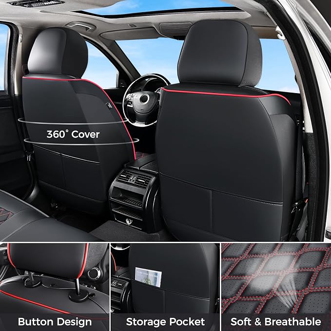 Huidasource Fit for Silverado Front Seat Covers, Sierra Front Seat Covers 1500 2007-2026, 2500HD 3500HD 2015-2026 Crew Double Extended Cab, Nappa Leather Heavy Duty Truck Front Seat Cover, Black&Red