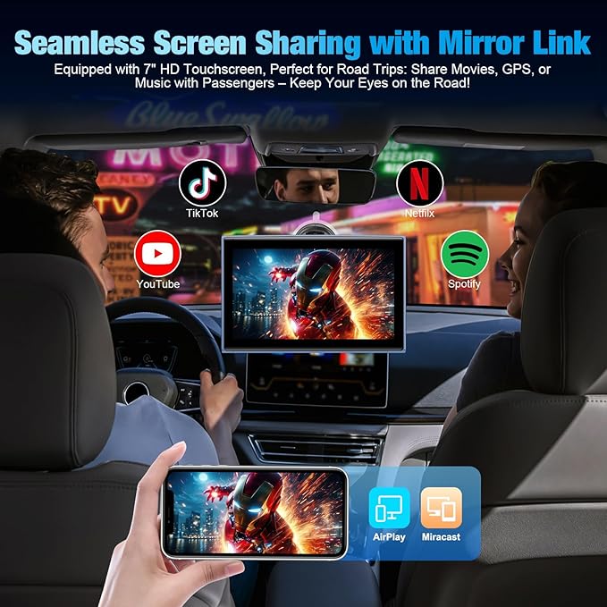7" Portable Wireless CarPlay Screen for Car – Apple CarPlay & Android Auto, HD Touch Screen Car Stereo, Bluetooth, GPS Navigation, Voice Control, Plug-and-Play with FM/AUX/Mirror Link (Blue)